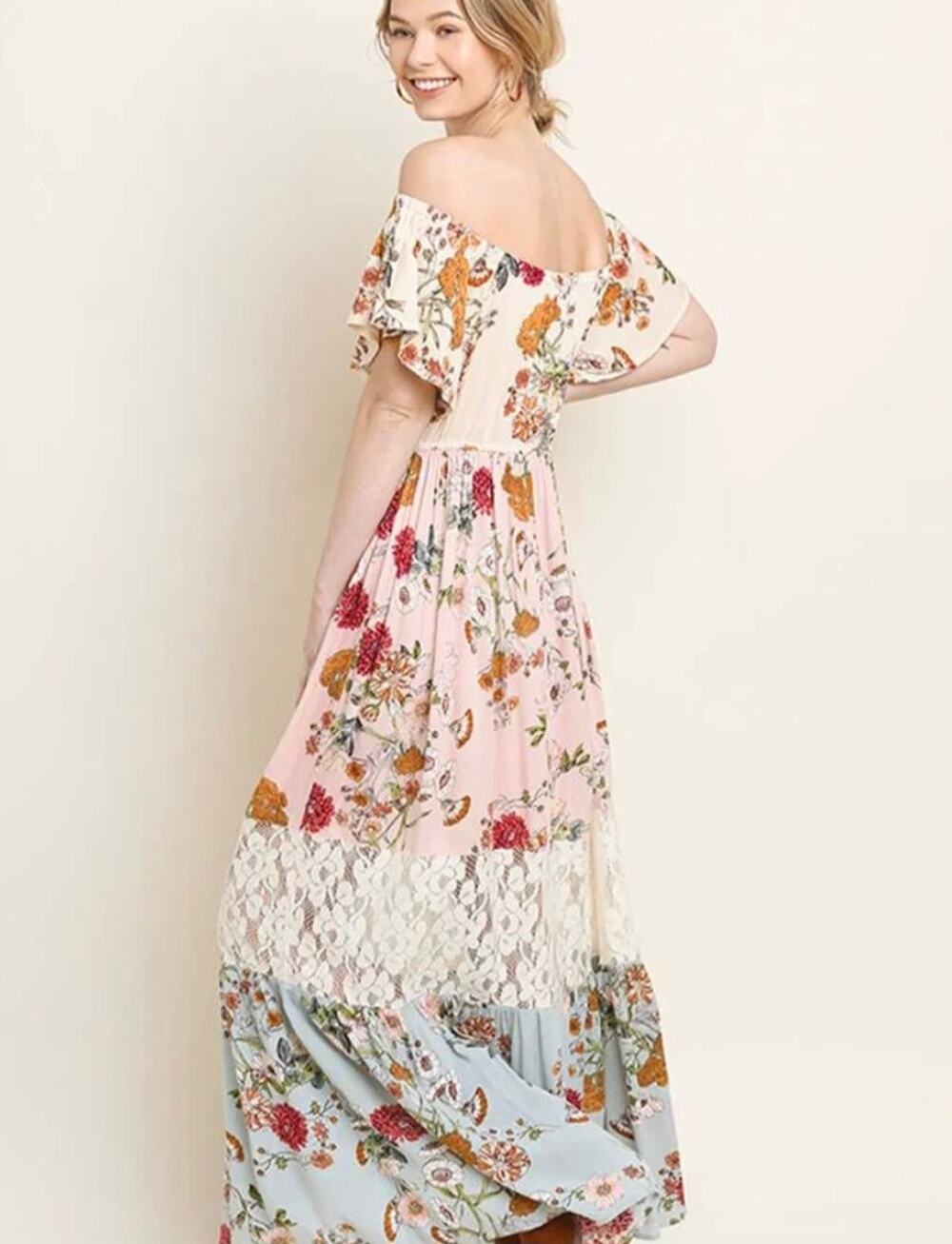 UMGEE Floral Lace Tiered Maxi Dress Small Off Shoulder Cottagecore Boho Prairie